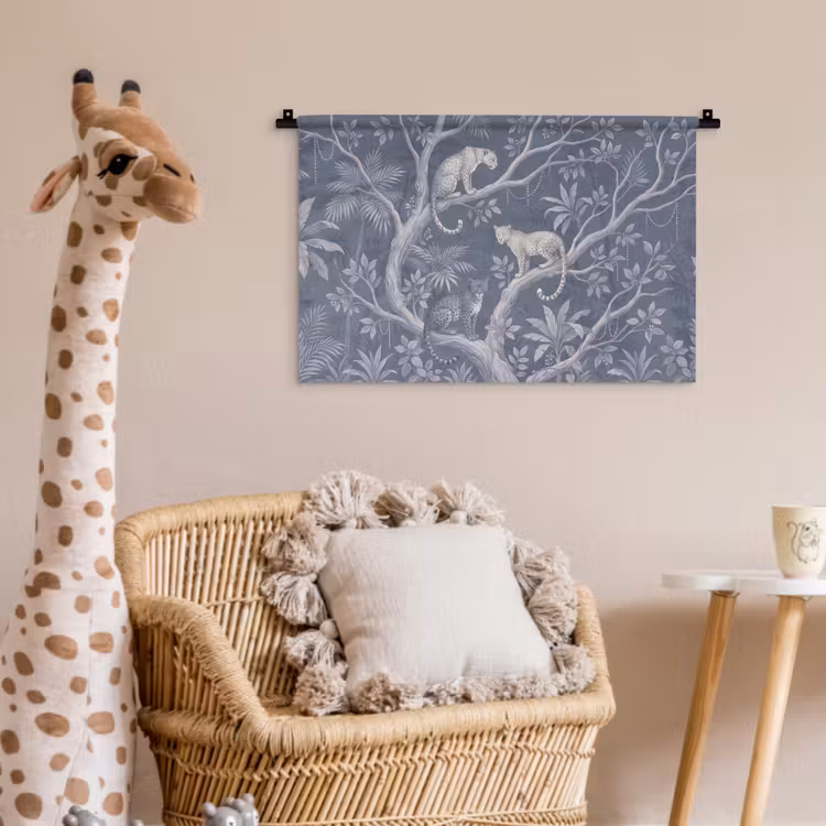 Dieren - Jungle - Illustratie - Bomen - Blauw Wandkleed katoen klein -wsfeer5_kind