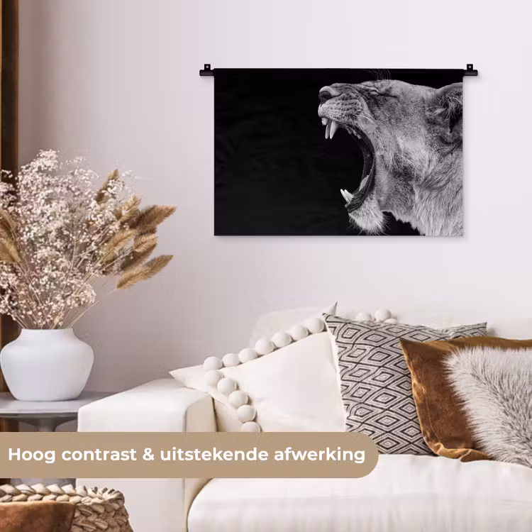 Dieren - Leeuw - Zwart - Wit - Portret Wandkleed katoen klein -sfeer1