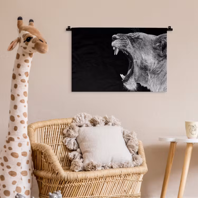 Dieren - Leeuw - Zwart - Wit - Portret Wandkleed katoen klein -wsfeer5_kind