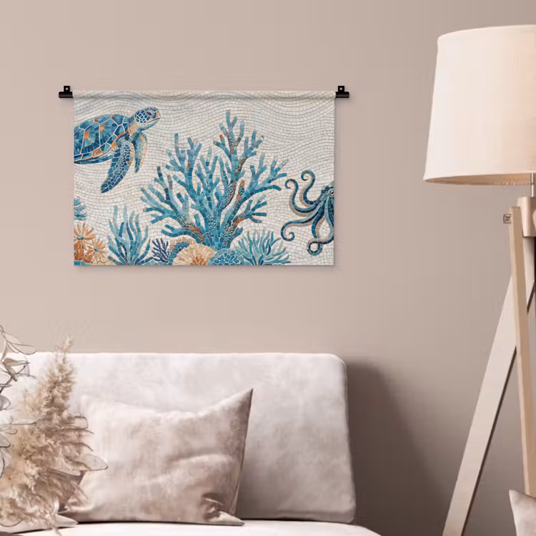 Dieren - Onderwater - Natuur - Mozaïek - Blauw Wandkleed katoen klein -sfeer4