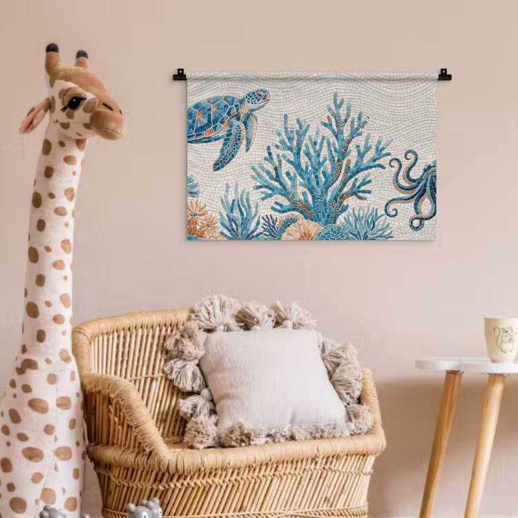 Dieren - Onderwater - Natuur - Mozaïek - Blauw Wandkleed katoen klein -wsfeer5_kind