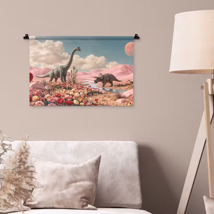 Wandkleed - Dinosaurus - Roze - Landschap - Dinosaurus - Roze - Landschap Wandkleed katoen klein