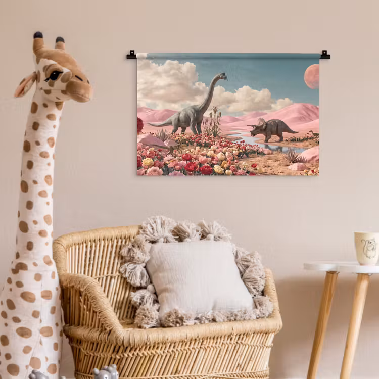 Wandkleed - Dinosaurus - Roze - Landschap - Dinosaurus - Roze - Landschap Wandkleed katoen klein