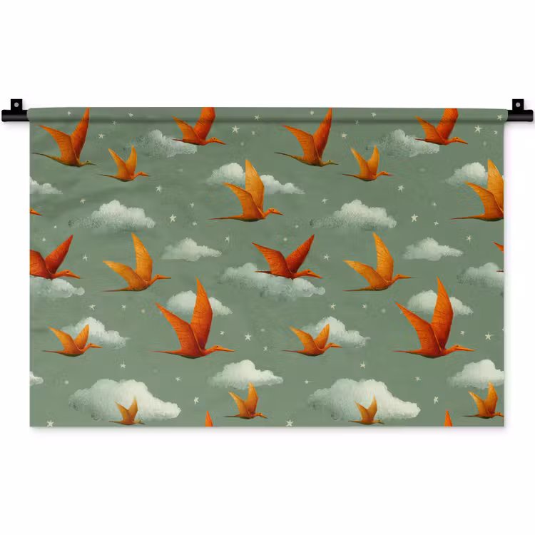 Dinosaurussen - Wolken - Sterren - Oranje Wandkleed katoen klein -zz3d