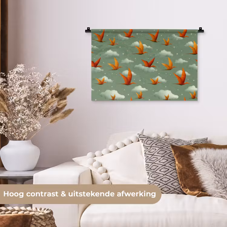 Dinosaurussen - Wolken - Sterren - Oranje Wandkleed katoen klein -sfeer1