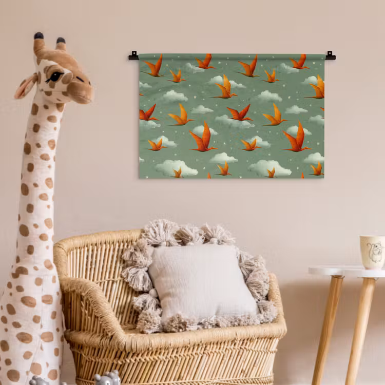 Dinosaurussen - Wolken - Sterren - Oranje Wandkleed katoen klein -wsfeer5_kind
