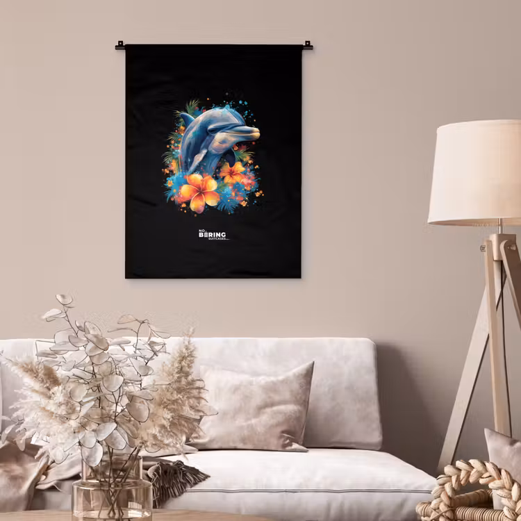Dolfijn te midden van graffiti bloemen Wandkleed katoen klein -sfeer4