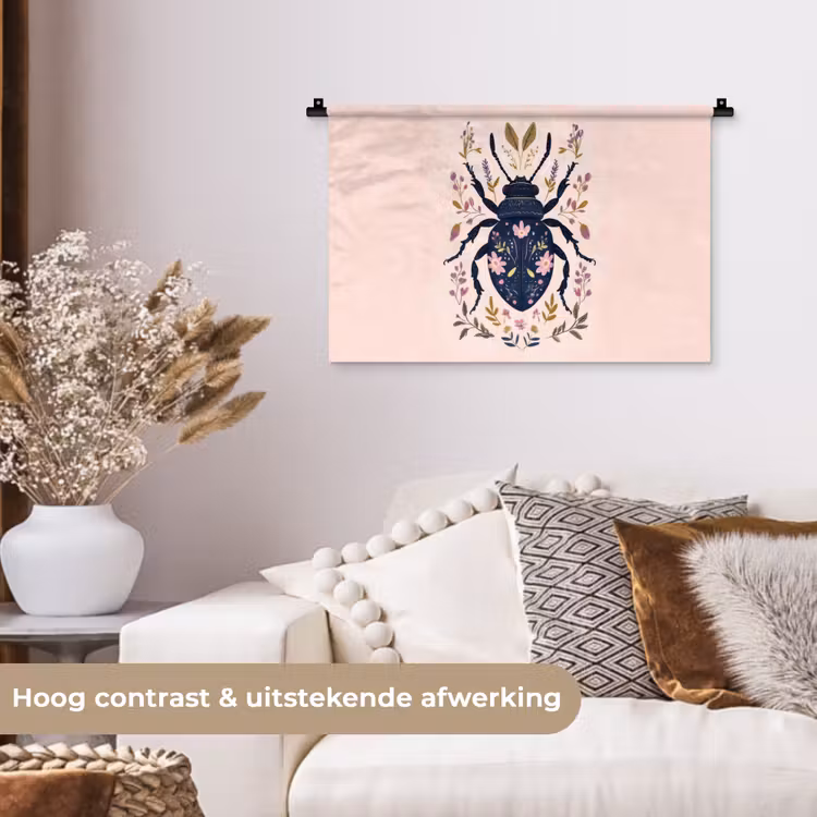 Donkerblauw - Kever - Bloemtakken - Sierlijk Wandkleed katoen klein -sfeer1