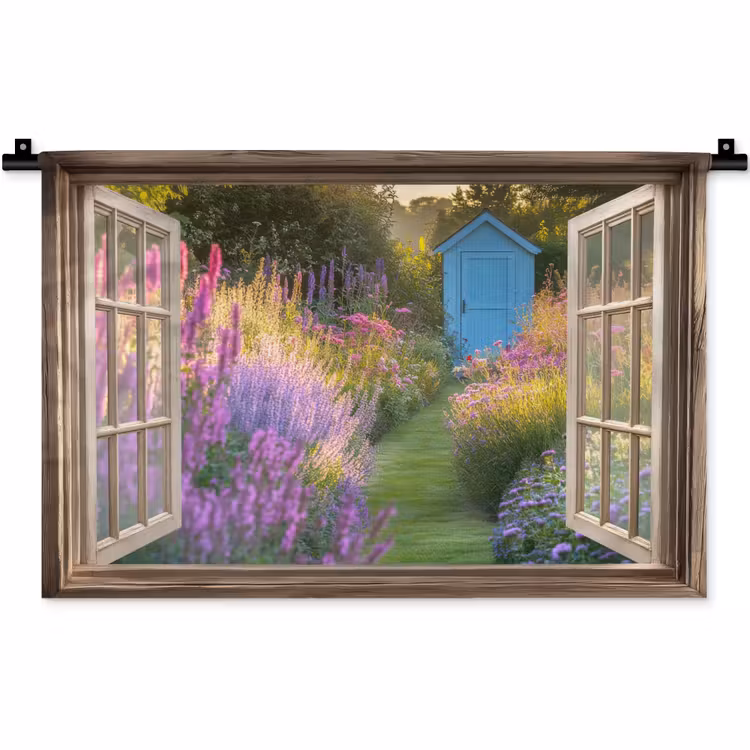 Doorkijk - Bloemen - Raam - Natuur Wandkleed katoen klein -zz3d