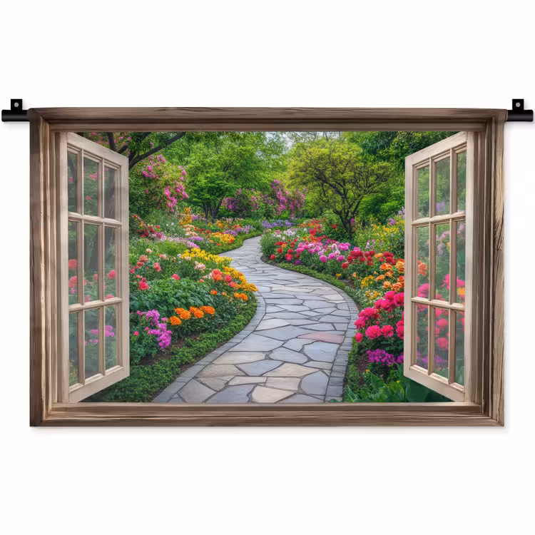 Doorkijk - Bloemen - Tuinpad - Natuur - Raam Wandkleed katoen klein -zz3d