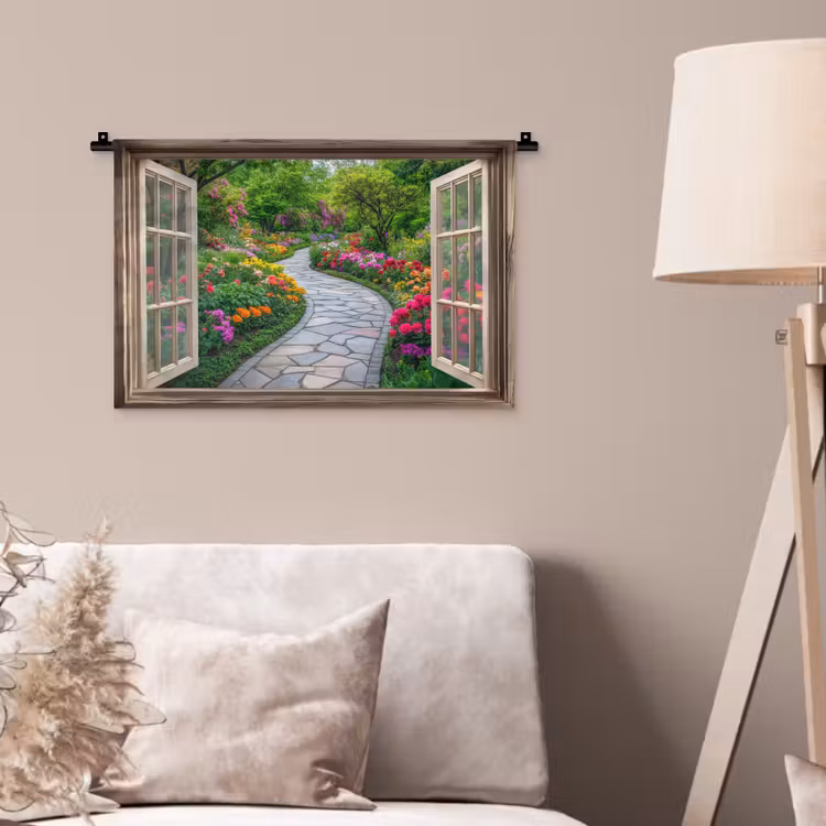 Doorkijk - Bloemen - Tuinpad - Natuur - Raam Wandkleed katoen klein -sfeer4