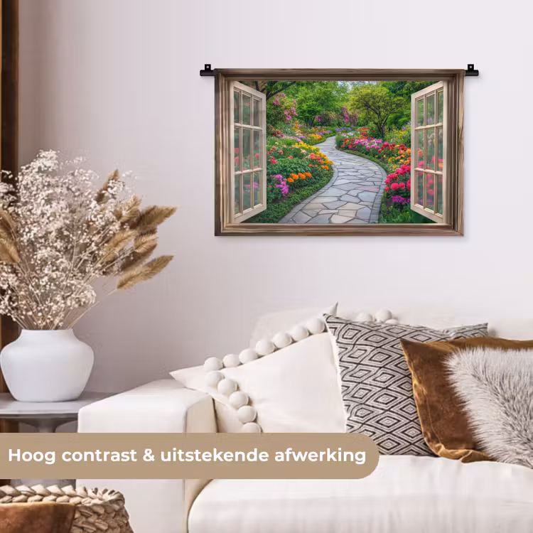 Doorkijk - Bloemen - Tuinpad - Natuur - Raam Wandkleed katoen klein -sfeer1