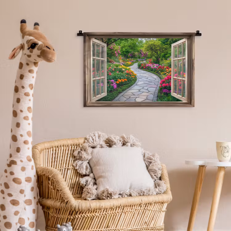 Doorkijk - Bloemen - Tuinpad - Natuur - Raam Wandkleed katoen klein -wsfeer5_kind