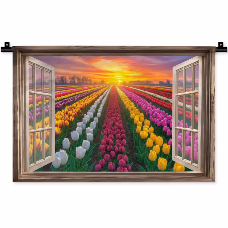 Doorkijk - Bloemen - Tulpen - Kleurrijk - Zonsondergang Wandkleed katoen klein -zz3d
