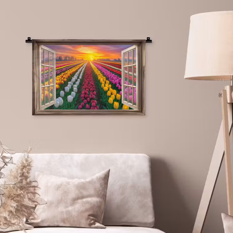 Doorkijk - Bloemen - Tulpen - Kleurrijk - Zonsondergang Wandkleed katoen klein -sfeer4