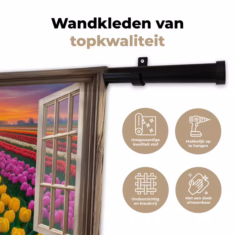Doorkijk - Bloemen - Tulpen - Kleurrijk - Zonsondergang Wandkleed katoen klein -sfeer2