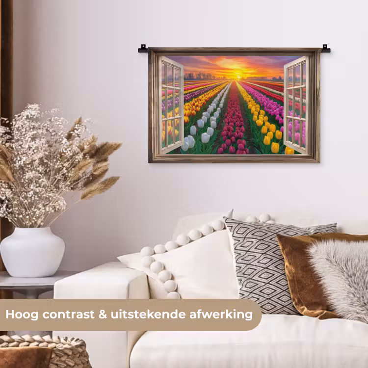 Doorkijk - Bloemen - Tulpen - Kleurrijk - Zonsondergang Wandkleed katoen klein -sfeer1