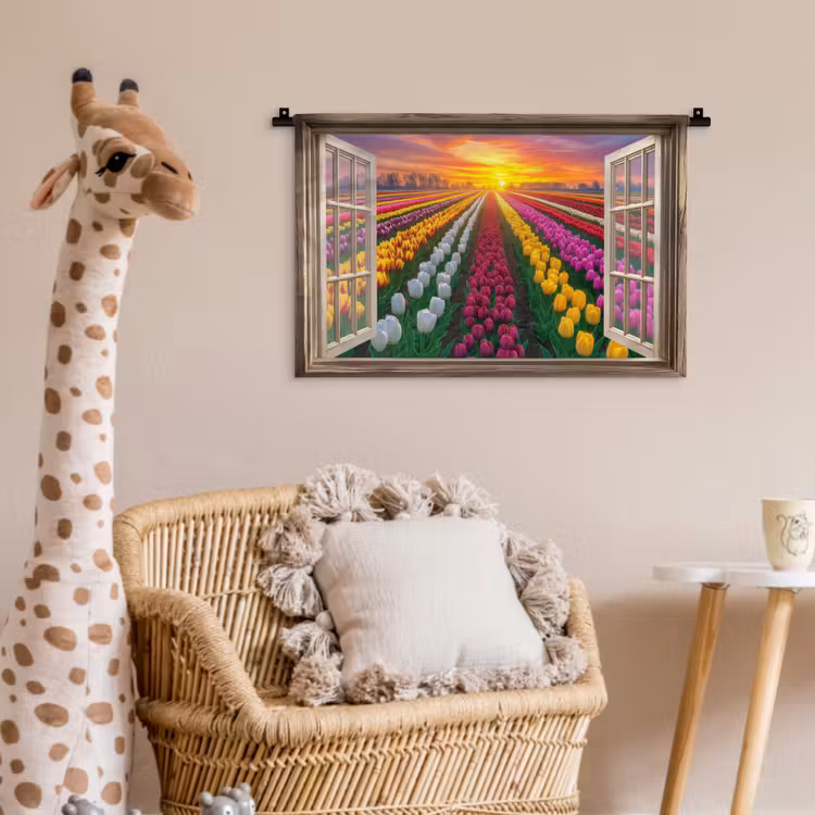 Doorkijk - Bloemen - Tulpen - Kleurrijk - Zonsondergang Wandkleed katoen klein -wsfeer5_kind