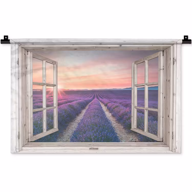 Doorkijk - Lavendel - Bloemen - Hout - Zonsondergang - Paars Wandkleed katoen klein -zz3d