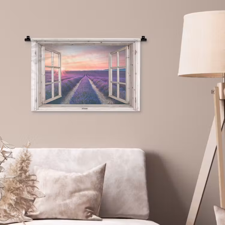 Doorkijk - Lavendel - Bloemen - Hout - Zonsondergang - Paars Wandkleed katoen klein -sfeer4