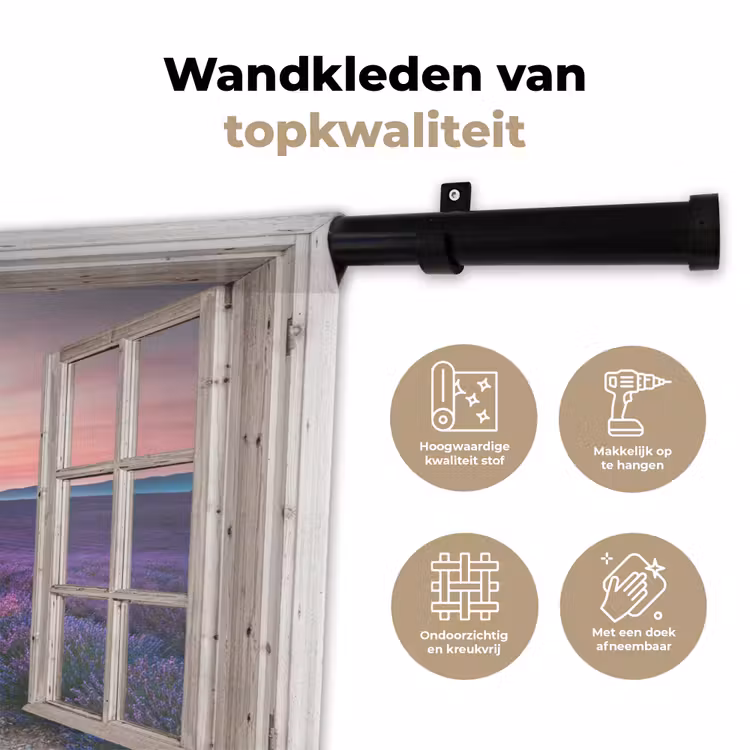 Doorkijk - Lavendel - Bloemen - Hout - Zonsondergang - Paars Wandkleed katoen klein -sfeer2
