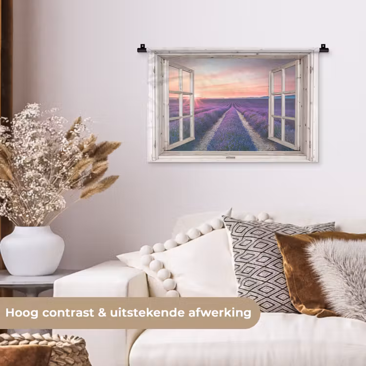 Doorkijk - Lavendel - Bloemen - Hout - Zonsondergang - Paars Wandkleed katoen klein -sfeer1