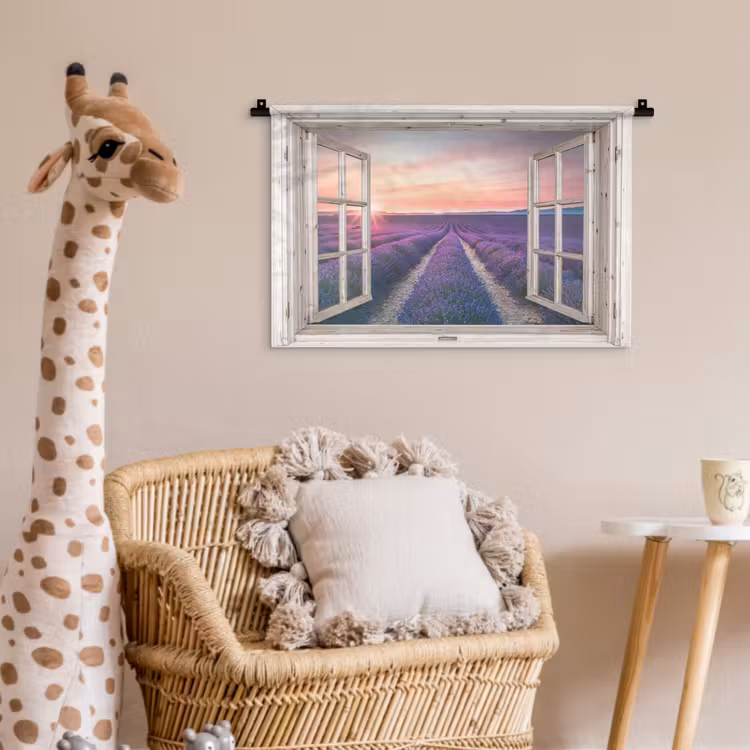 Doorkijk - Lavendel - Bloemen - Hout - Zonsondergang - Paars Wandkleed katoen klein -wsfeer5_kind