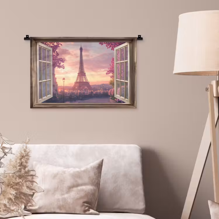 Doorkijk - Parijs - Eiffeltoren - Roze - Kersenbloesem Wandkleed katoen klein -sfeer4