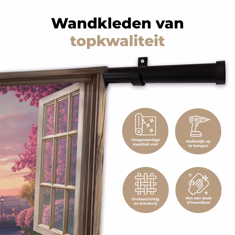 Doorkijk - Parijs - Eiffeltoren - Roze - Kersenbloesem Wandkleed katoen klein -sfeer2