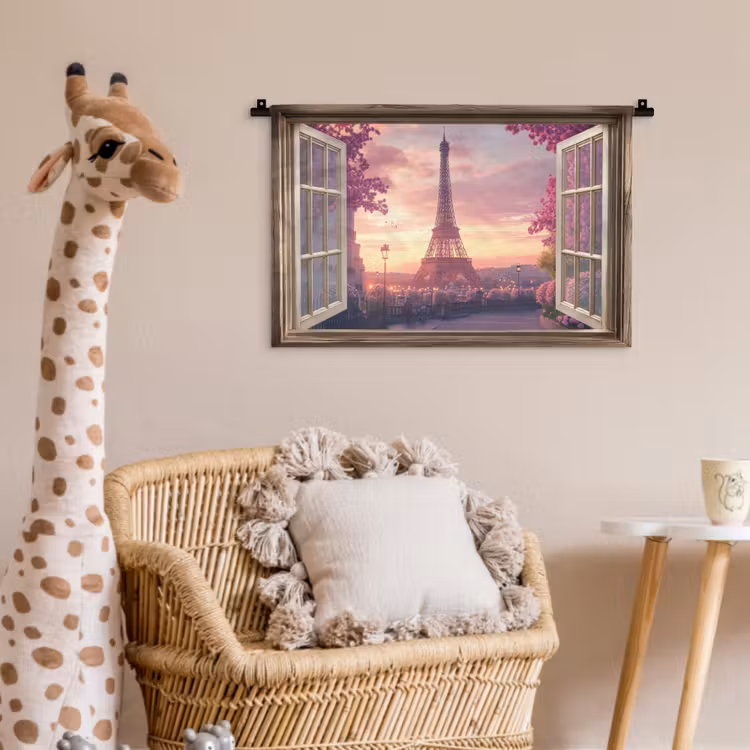 Doorkijk - Parijs - Eiffeltoren - Roze - Kersenbloesem Wandkleed katoen klein -wsfeer5_kind
