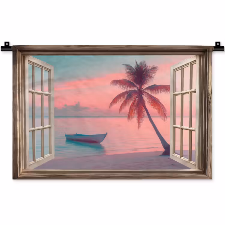 Doorkijk - Strand - Palmboom - Tropisch Wandkleed katoen klein -zz3d