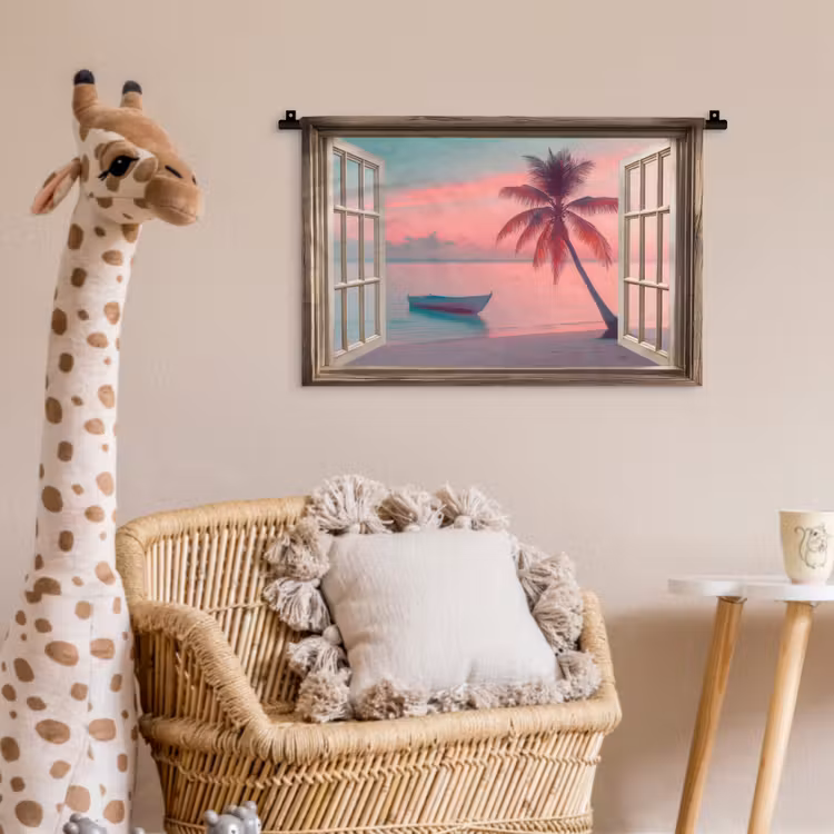Doorkijk - Strand - Palmboom - Tropisch Wandkleed katoen klein -wsfeer5_kind