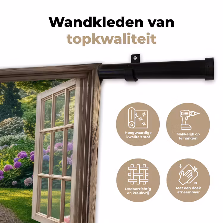 Doorkijk - Tuin - Raam - Hortensia - Bloemen Wandkleed katoen klein -sfeer2