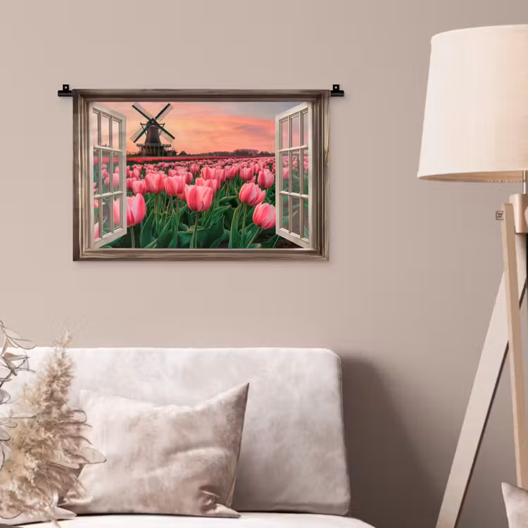 Doorkijk - Tulpen - Bloemen - Molen - Raam Wandkleed katoen klein -sfeer4