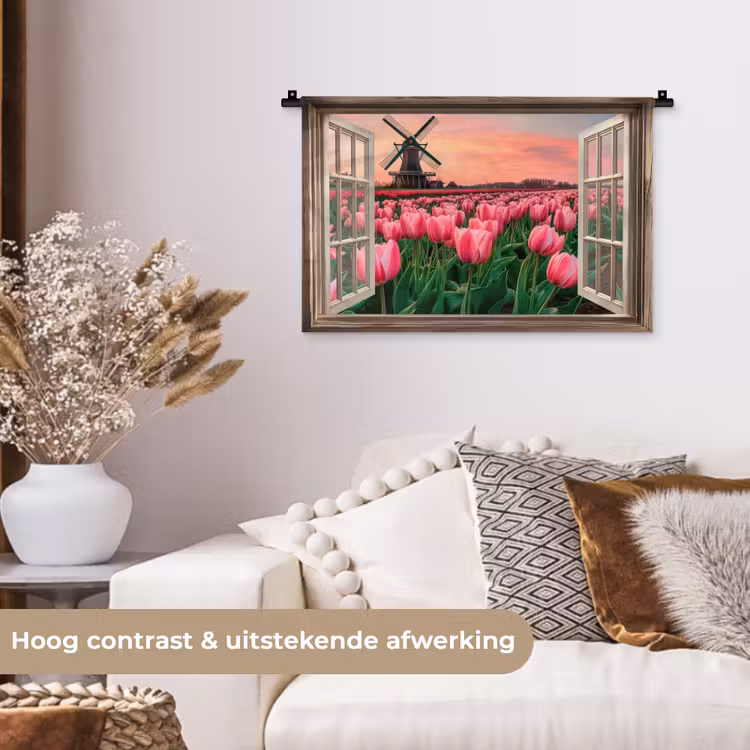 Doorkijk - Tulpen - Bloemen - Molen - Raam Wandkleed katoen klein -sfeer1