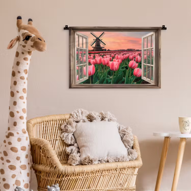 Doorkijk - Tulpen - Bloemen - Molen - Raam Wandkleed katoen klein -wsfeer5_kind