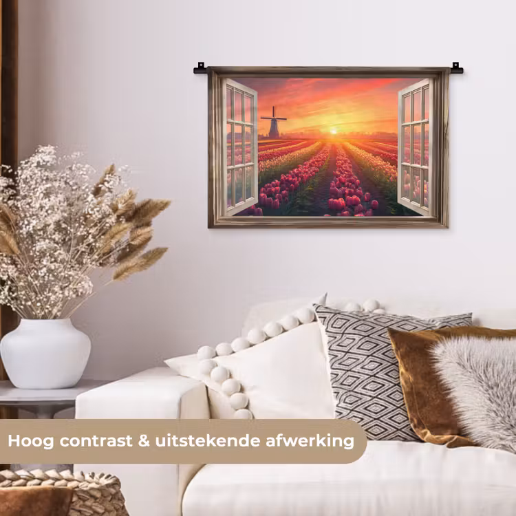 Doorkijk - Tulpen - Zonsondergang - Bloemen - Kleurrijk Wandkleed katoen klein -sfeer1