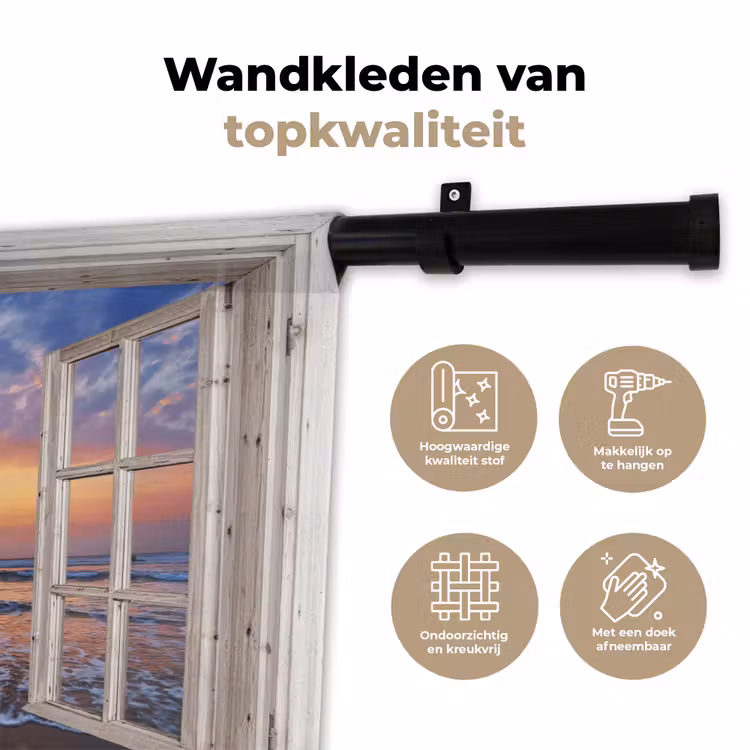 Doorkijk - Zee - Strand - Zonsondergang - Blauw Wandkleed katoen klein -sfeer2