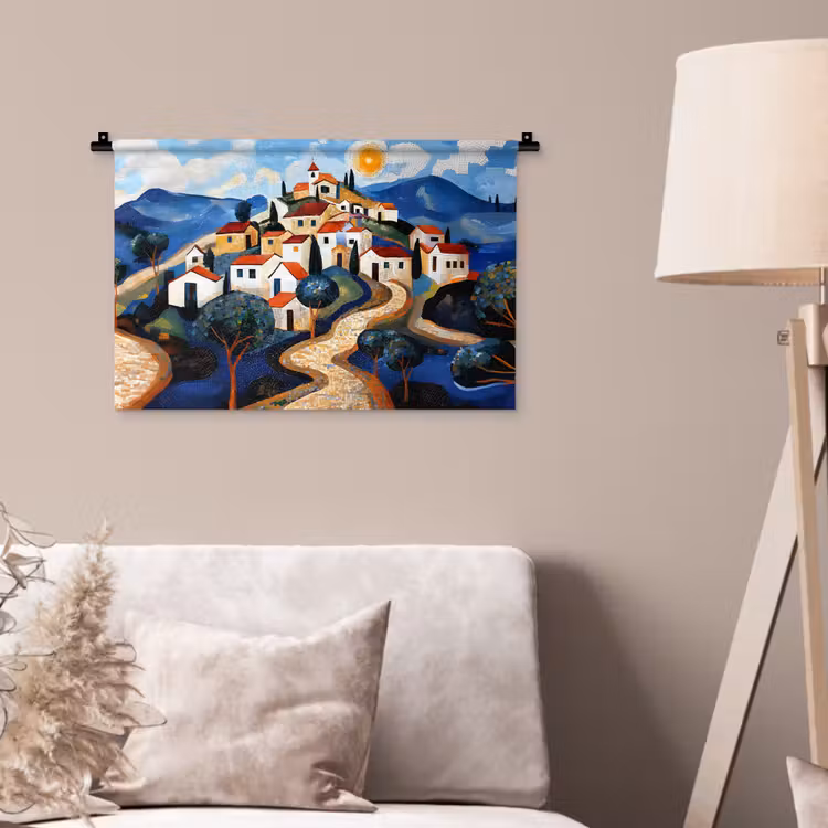 Dorp - Heuvelachtig - Zon - Mozaïek Wandkleed katoen klein -sfeer4