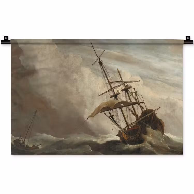 Een schip in volle zee bij vliegende storm - Schilderij van Willem van de Velde Wandkleed katoen klein -zz3d