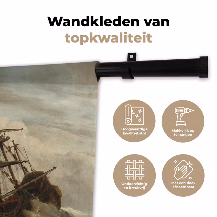 Een schip in volle zee bij vliegende storm - Schilderij van Willem van de Velde Wandkleed katoen klein -sfeer2