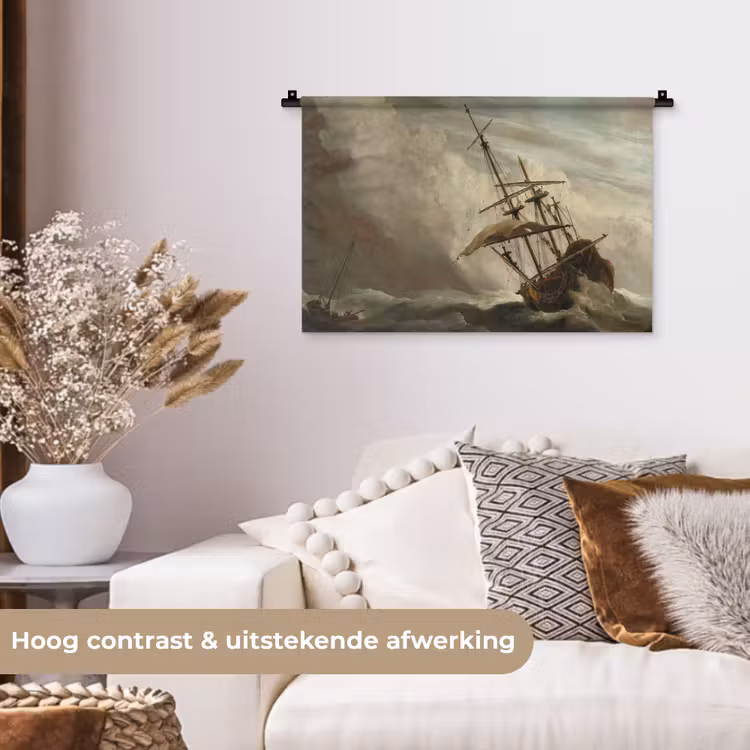 Een schip in volle zee bij vliegende storm - Schilderij van Willem van de Velde Wandkleed katoen klein -sfeer1