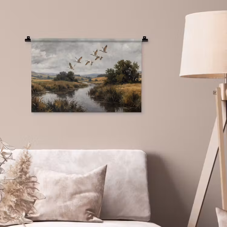 Eenden - Rivier - Landschap - Vlucht - Nostalgisch Wandkleed katoen klein -sfeer4
