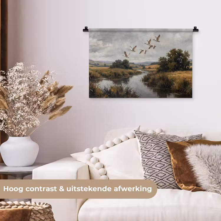 Eenden - Rivier - Landschap - Vlucht - Nostalgisch Wandkleed katoen klein -sfeer1