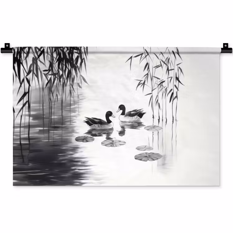 Eenden - Waterlelies - Riet - Zwart Wandkleed katoen klein -zz3d
