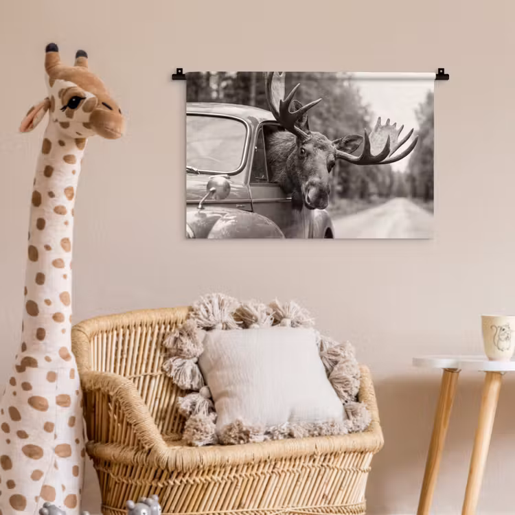 Eland - Auto - Gewei - Zwart - Wit Wandkleed katoen klein -wsfeer5_kind