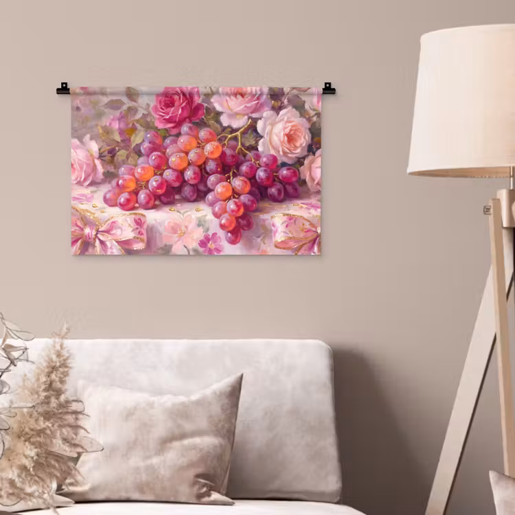 Eten - Bloemen - Stilleven - Roze - Goud Wandkleed katoen klein -sfeer4