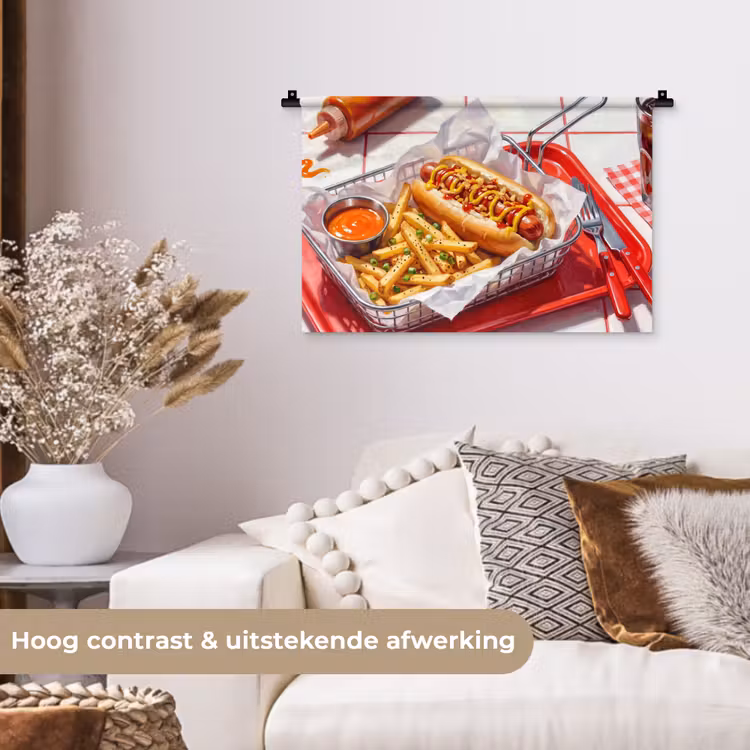 Eten - Hotdog - Fastfood - Modern - Rood Wandkleed katoen klein -sfeer1
