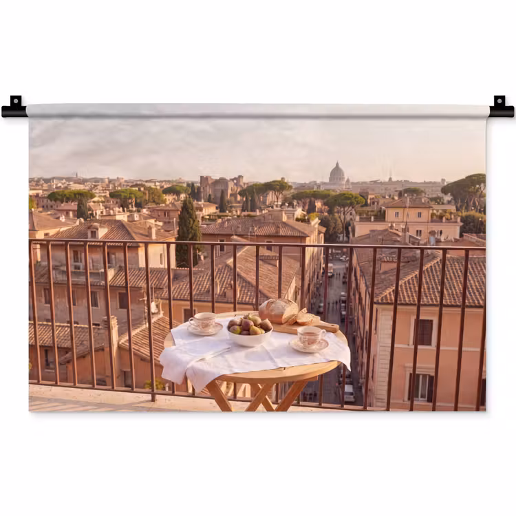 Eten - Ontbijt - Balkon - Stad - Zonsopgang Wandkleed katoen klein -zz3d
