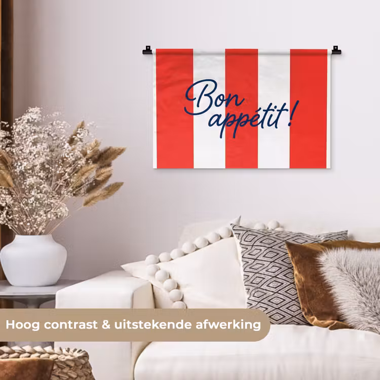 Eten - Spreuk - Keuken - Grafisch - Rood-Wit Wandkleed katoen klein -sfeer1